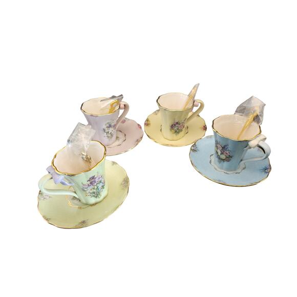 Bradford Edition 13 piece Vintage Teacup Set Blue, Green, Pink, and Yellow - Picture 7 of 8
